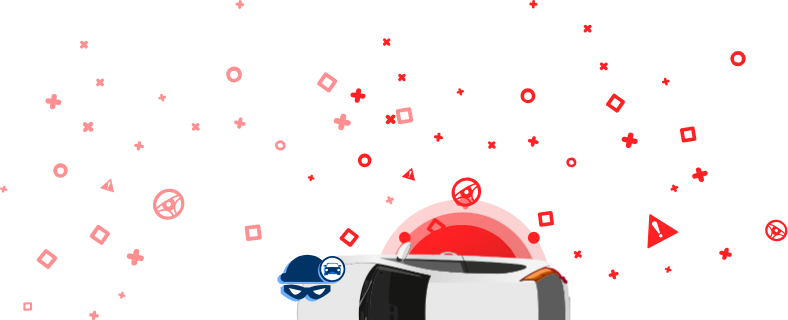 Gráfico que muestra un coche envuelto en cinta de escena del crimen, una máscara de ladrón y un gorro con el icono de un coche, sobre fondo rojo.