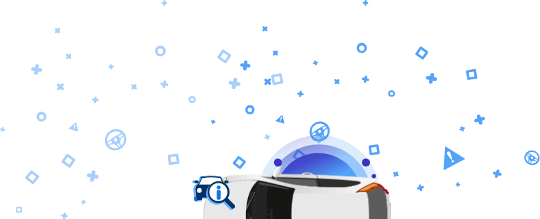 Ilustración de un coche blanco desde arriba con iconos azules alrededor y la palabra VIN.