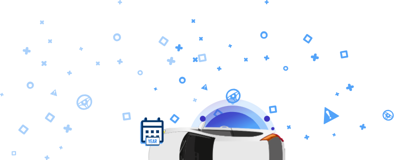 Un coche blanco visto desde arriba con iconos azules, incluyendo las palabras REGISTRADO y VIN y otros símbolos automovilísticos