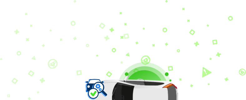 Coche blanco desde arriba e iconos alrededor, incluyendo la inscripción ¿REPARADO? y el símbolo VIN y otros símbolos automovilísticos