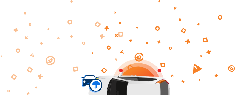 Coche blanco visto desde arriba con iconos naranjas, que incluyen la inscripción ¿ASEGURADO? y el número de bastidor y otros símbolos automovilísticos