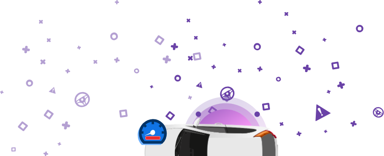 Imagen de un vehículo averiado con un velocímetro que muestra una barra roja, colocada sobre un fondo morado.