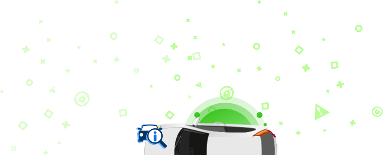 Ilustración de un coche con una lupa que muestra un icono de información, sobre un fondo verde con formas decorativas.