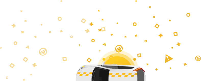 Imagen de un coche con una señal de taxi encima, sobre un fondo amarillo con formas geométricas.