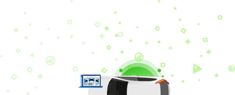 Ilustración de un automóvil con un ordenador portátil que muestra fotos del vehículo y un fondo verde con formas geométricas.