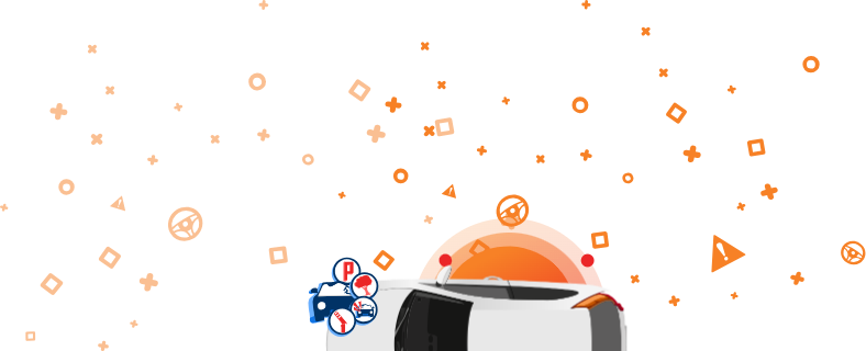 Ilustración de un coche averiado con iconos de aire acondicionado, asistente de aparcamiento y asientos calefactados, sobre un fondo naranja con formas geométricas.