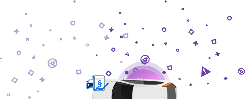 Imagen de un coche con un documento en el que aparece el símbolo de un punto de un documento legal y una firma, sobre fondo morado.