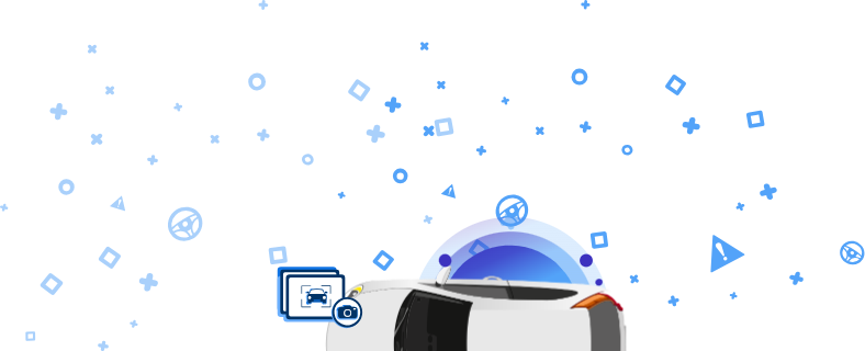 Imagen de un coche averiado con el icono de una cámara y el icono de un coche, sobre un fondo azul con elementos decorativos.