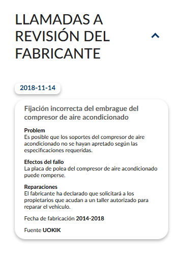 Informe de historial del vehículo de autoDNA - Llamadas a revisión por parte del fabricante