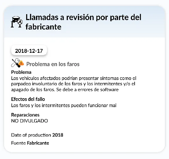 Informe del historial del vehículo de autoDNA - Campañas de servicio