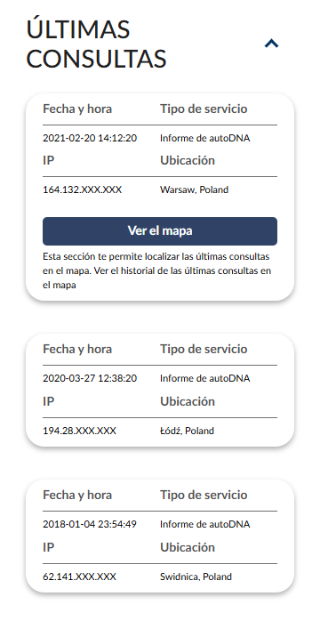 Informe de historial del vehículo de autoDNA - Últimas consultas