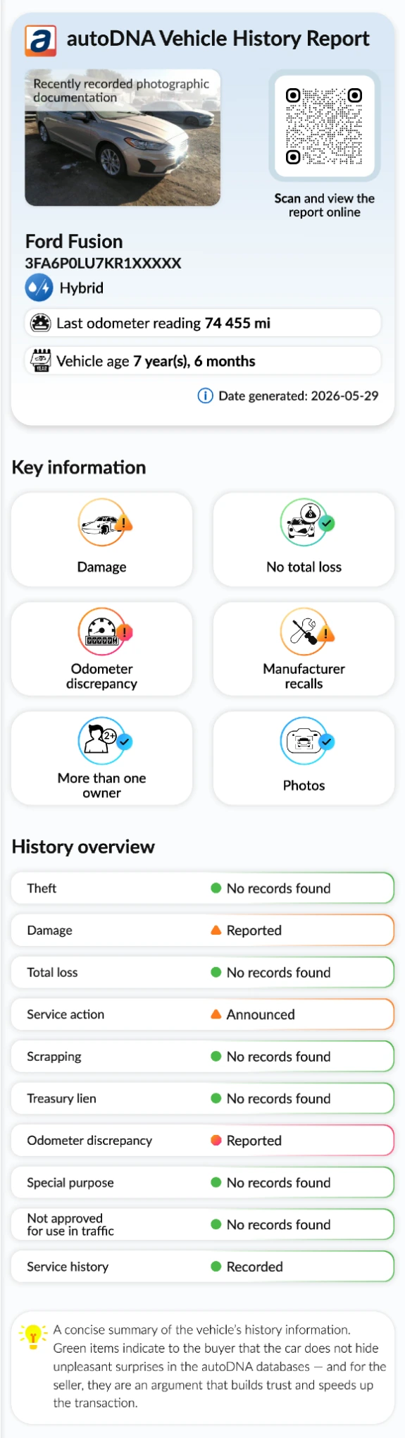 Informe de historial del vehículo de autoDNA - información previa