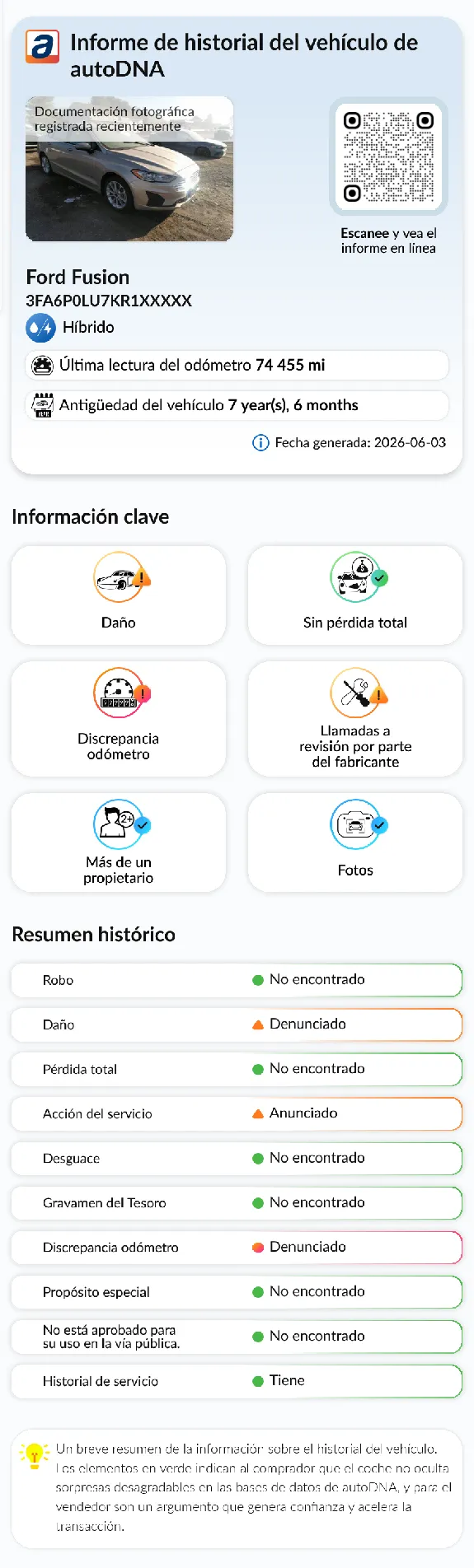 Informe del historial del vehículo de autoDNA - información preliminar