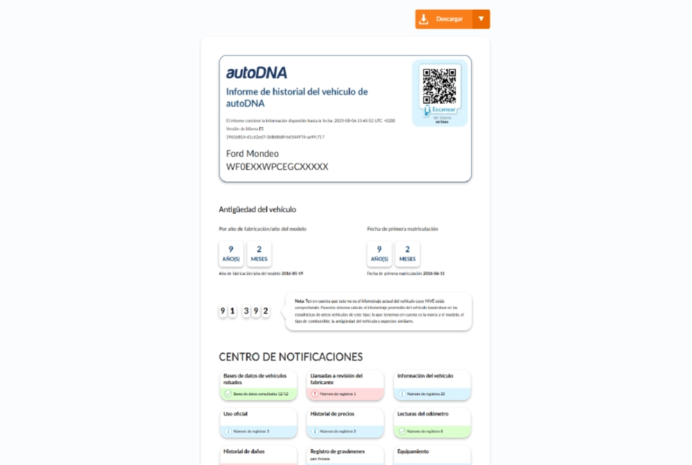 Ejemplo de informe de historial del vehículo de autoDNA - miniatura