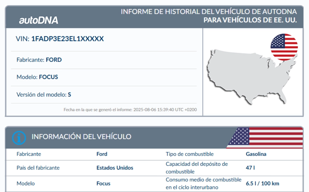 Muestra de un informe de historial del vehículo de autoDNA para vehículos de EE. UU. - thumbnail