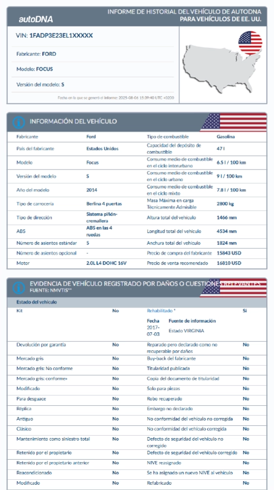Muestra de un informe de historial del vehículo de autoDNA para vehículos de EE. UU. - thumbnail