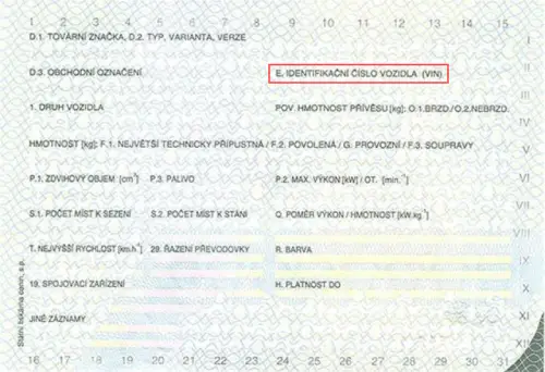 Dónde encontrar el VIN en el permiso de circulación checo - vista previa de la foto