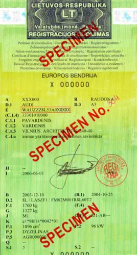 Dónde encontrar el VIN en el permiso de circulación lituano - vista previa de la foto