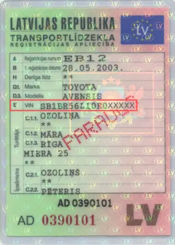 Dónde encontrar el VIN en el permiso de circulación letón - vista previa de la foto