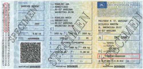 Dónde encontrar el VIN en el permiso de circulación polaco - vista previa de la foto